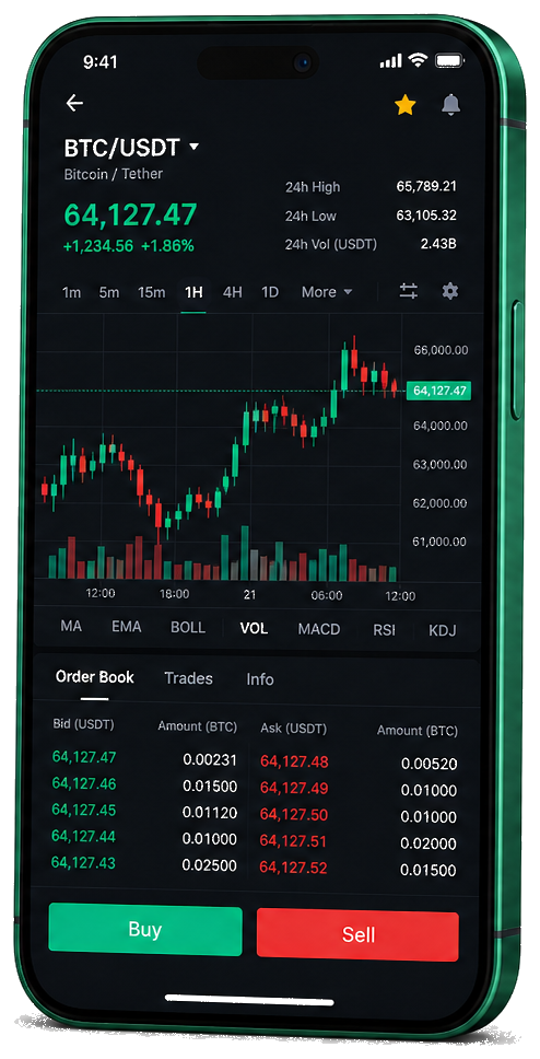 Interface mobile de trading Capitalheritag — prix BTC/USDT en temps réel, carnet d’ordres et outils de passage d’ordres